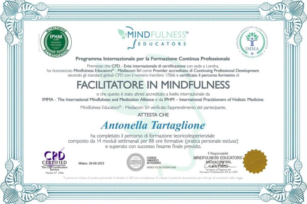 corso mindfulness roma certificazione dottoressa Antonella Tartaglione